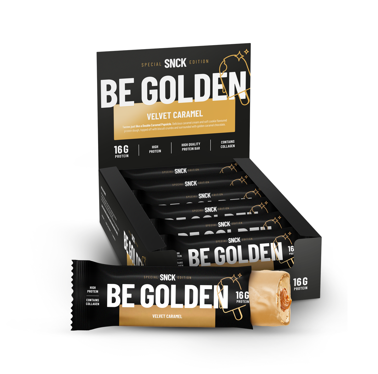 Låda (12-pack) SNCK Proteinbar Be Golden
