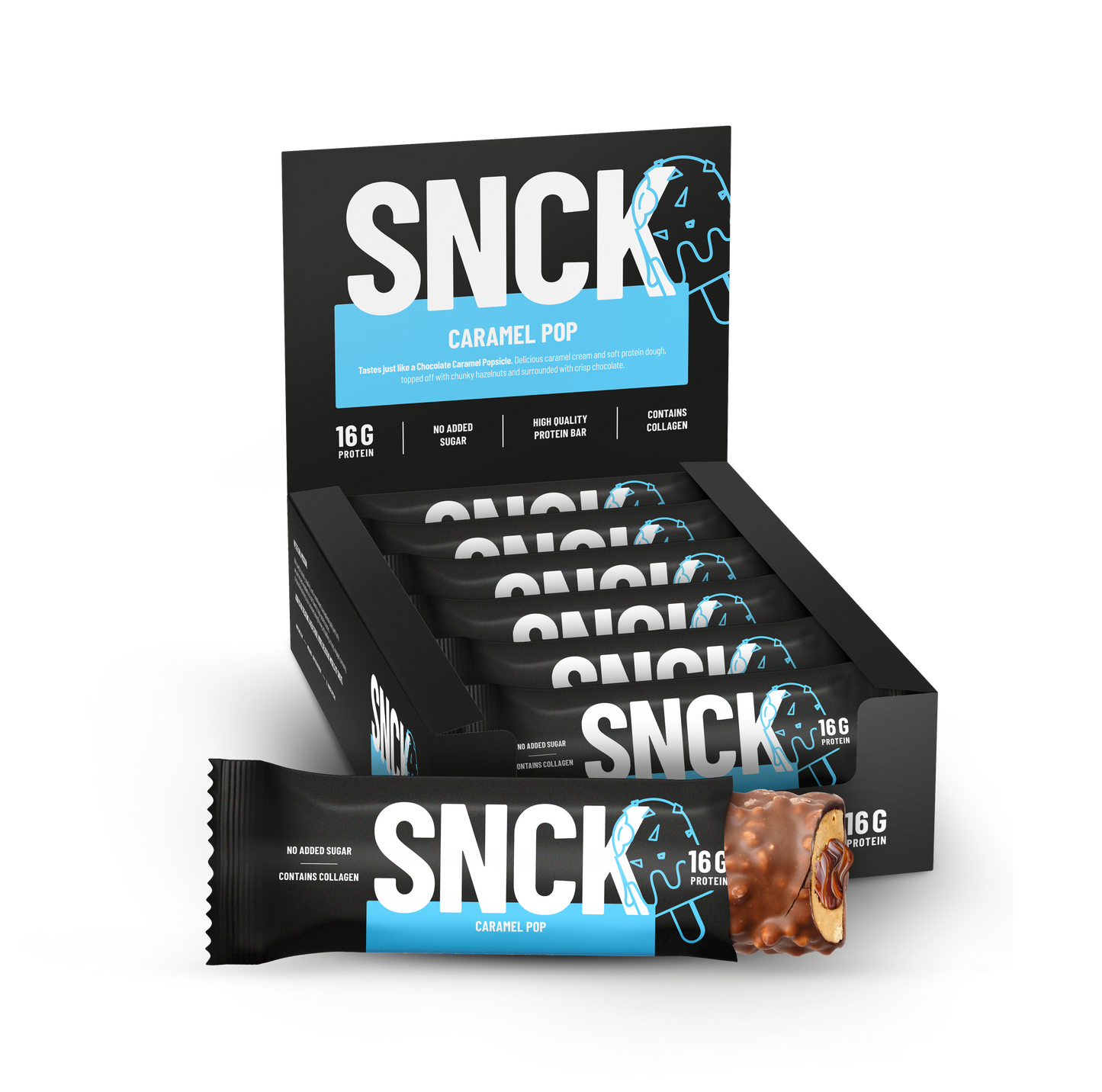 Låda (12-pack) SNCK Proteinbar Caramel Pop